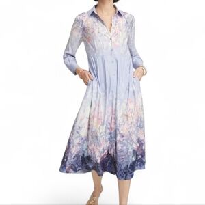 Chicos Midi Shirt Dress 1.5 M 10 A Line Pockets Long Sleeve Stretch Silky Twill